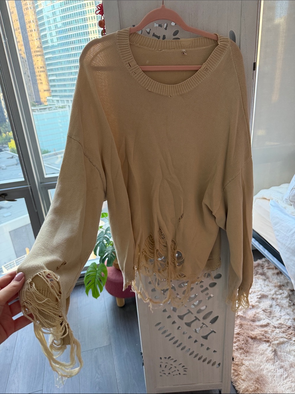 R13 Beige Distressed Scoop Neck Sweater